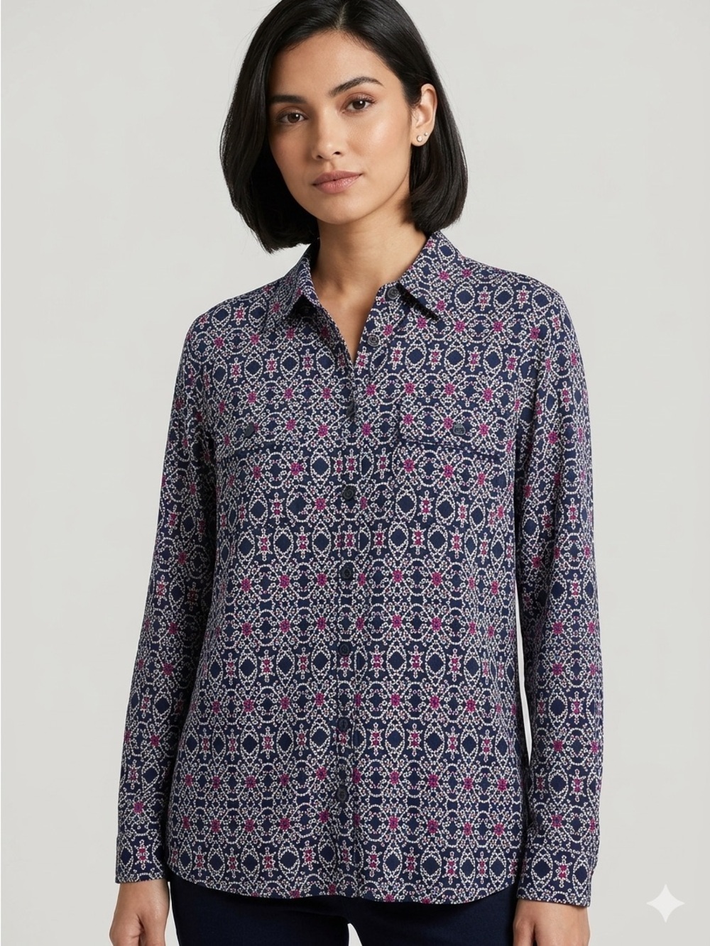 Notations Roll-Tab Sleeve Button-Front Blouse - Large - Like New